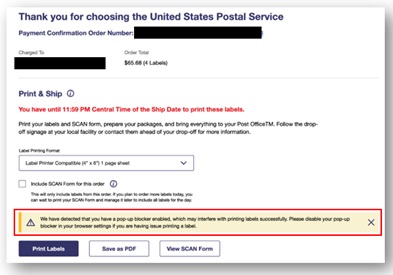 Screenshot of the CNS Payment Confirmation Page, Desktop view. Focus is on a pale yellow message box with a caution symbol. The message is "We have detected that you have a pop-up blocker enabled, which may interfere with printing labels successfully. Please disable your pop-up blocker in your browser settings if you are having issue printing a label." Screenshot of the CNS Payment Confirmation Page, Desktop view. Focus is on a pale yellow message box with a caution symbol. The message is "We have detected that you have a pop-up blocker enabled, which may interfere with printing labels successfully. Please disable your pop-up blocker in your browser settings if you are having issue printing a label."