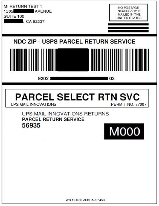 Sample UPS Mail Innovations 56935 Parcel Return Service label