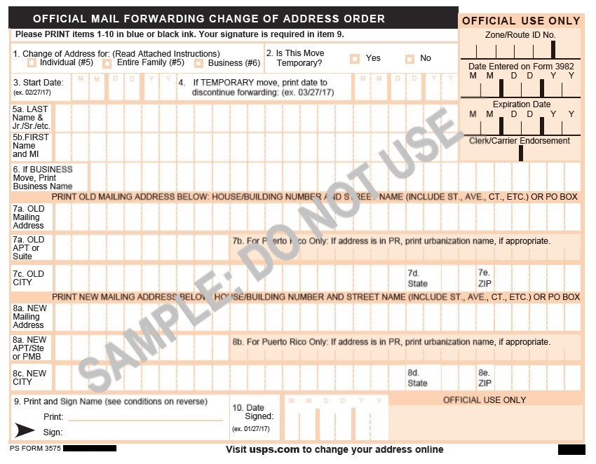 What does PS Form 3575 (Mail Forwarding Change of Address Order) Look Like?