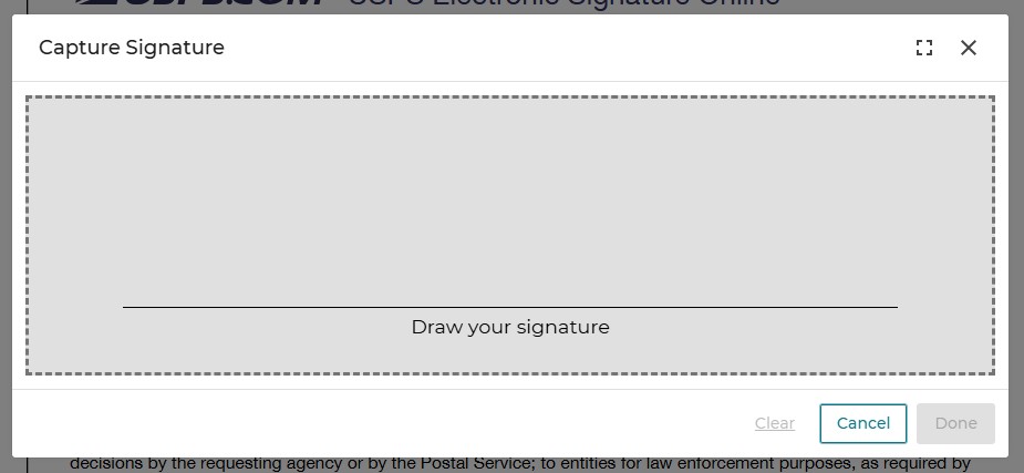 Small window titled "Capture Signature" opened as a result of clicking the Signature Box in the previous window. Customer puts in their signature and clicks either the left "Clear" button, the middle "Cancel" button, or the right Done button. Small window titled "Capture Signature" opened as a result of clicking the Signature Box in the previous window. Customer puts in their signature and clicks either the left "Clear" button, the middle "Cancel" button, or the right Done button.