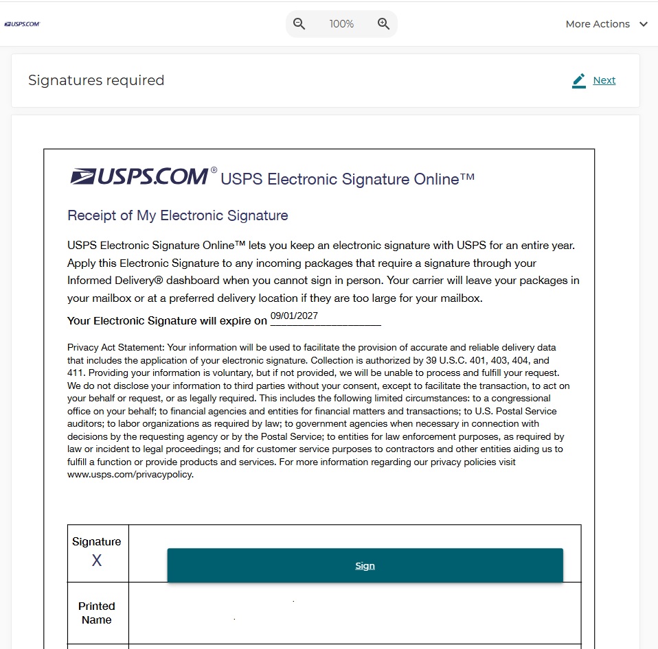 Screenshot of "Receipt of My Electronic Signature". A paragraph provides an overview of USPS Electronic Signature and is followed by "Your Electronic Signature will expire on 09/01/2027" which indicates the expiration of the signature. That is followed by the Privacy Act Statement. After the Privacy Act Statement, there is a Signature Box that customers can click to open a new window. Screenshot of "Receipt of My Electronic Signature". A paragraph provides an overview of USPS Electronic Signature and is followed by "Your Electronic Signature will expire on 09/01/2027" which indicates the expiration of the signature. That is followed by the Privacy Act Statement. After the Privacy Act Statement, there is a Signature Box that customers can click to open a new window.