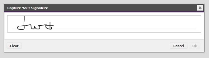 Small window titled "Capture Your Signature" opened as a result of clicking the Signature Box in the previous window. Customer puts in their signature and clicks either the left "Clear" button or the right "Cancel" button.