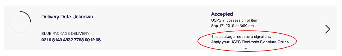 Another screenshot from the Informed Delivery Packages Tab. Only 1 item is listed. Emphasized by a red circle is "This package requires a signature. Apply your USPS Electronic Signature Online."