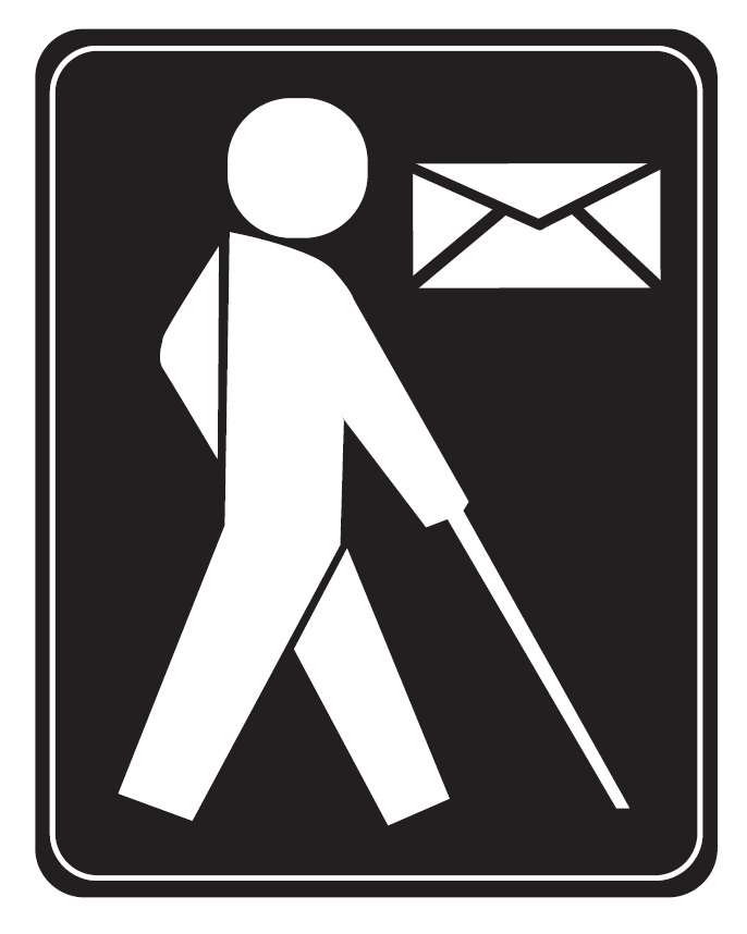 International Free Matter for the Blind Label - Person walking with White Cane; Envelope floating to right of head