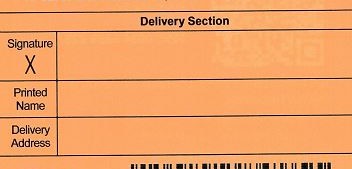 Image of the Delivery Section of the PS Form 3849 Form (Redelivery Notice). The "Delivery Section" is a table with two columns and three rows. The left column has the text "Signature", "Printed Name", and "Delivery Address" in the three rows. The right column is empty, allowing customers to fill that space.