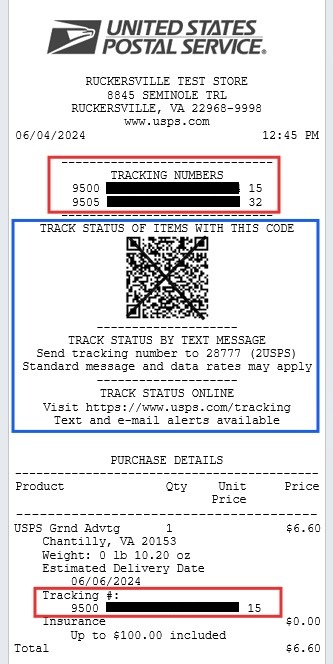 Retail Receipt for purchase of USPS Ground Advantage and Priority Mail services. Full receipt is not shown in article, but clicking the link opens a new tab that displays the full receipt. Highlighted in red squares near the top under the Date and Time are all the Tracking Numbers associated with services purchased with this transaction. Red square highlights are found further down in the Purchase Details section to point out the Tracking Number associated with each purchased product. Highlighted in a blue square near the top under the Date and Time and Tracking Numbers is a section dedicated to finding the Tracking Status of items by QR Code, by Text Message, and Online.