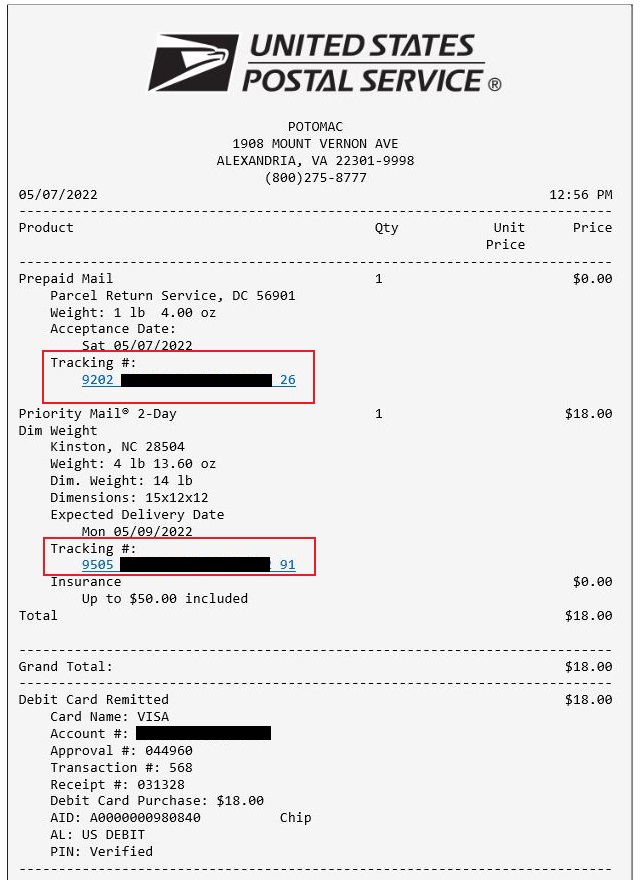 An eReceipt for a retail transaction. This image shows the top half of the eReceipt to focus on the acceptance of a Parcel Return Service item and the purchase of a Priority Mail 2-Day postage. Highlighted in both is the tracking number associated with each item.