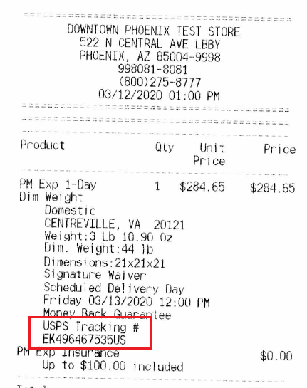 Domestic Express Mail Receipt. The Guaranteed Delivery Date (Mon 07/25/11 12:00 PM - Guaranteed Delivery Signature Requested) and Service Details (Zone-2 Express Mail PO-Add) are pointed out. The receipt also has the Label number, also known as the USPS Tracking number.