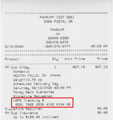 Domestic Express Mail Receipt from a Self-Service Kiosk. Pointed out are the Guaranteed Delivery Date ("Thursday, July 7, by 3:00pm if you mail it here before 5:05pm today") and the Service Details ("Zone-6 Express Mail with $100.00 insurance"). The receipt also has the Label number, also known as the USPS Tracking number.