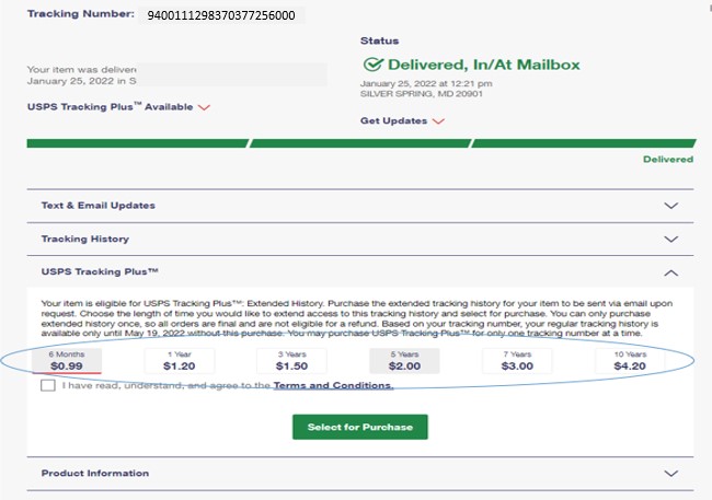 USPS Tracking results page screenshot. The status of the item is Delivered. The "drawers" near the bottom that can be clicked and opened are labeled: "Text & Email Updates", "Tracking History", "USPS Tracking Plus", and "Product Information". The "USPS Tracking Plus" drawer is opened with a message, a red circle around the 6 time/price options, and a button labeled "Select for Purchase".