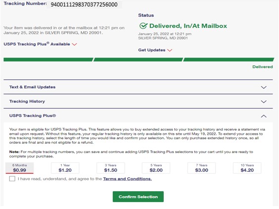 USPS Tracking results page screenshot. The status of the item is Delivered. The "drawers" near the bottom that can be clicked and opened are labeled: "Text & Email Updates", "Tracking History", "USPS Tracking Plus", and "Product Information". The "USPS Tracking Plus" drawer is opened with a message, the 6 time/price options, and a red circle around a button labeled "Select for Purchase".