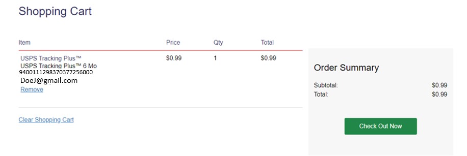 Shopping Cart screenshot. The left "Item" section/column has "USPS Tracking Plus; 6 months Extended History; Tracking Number; email address". The next column has a clickable "Remove" option. The third column has "Price", the fourth column is "QTY" (quantity); and the fifth column is "Total". The section to the right is the "Order Summary" which includes the total and the "Checkout" button.