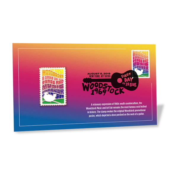 USPS New Woodstock Enamel Stamp Pin with Cancellation Card