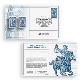 Boston 2026 World Stamp Show Stamp Pin with Cancellation Card