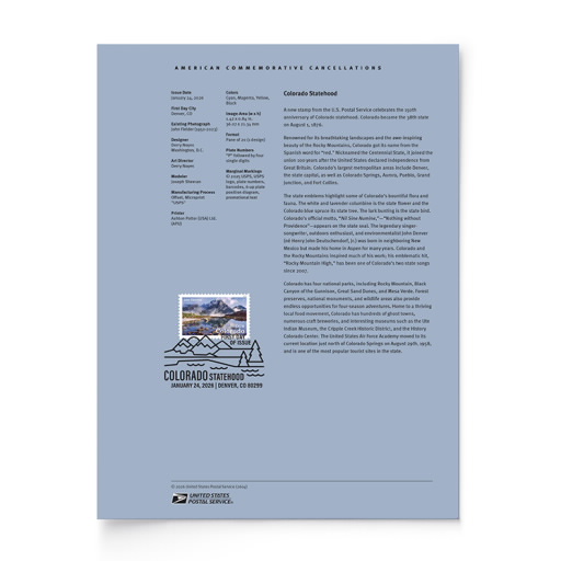 Colorado Statehood American Commemorative Cancellation Page