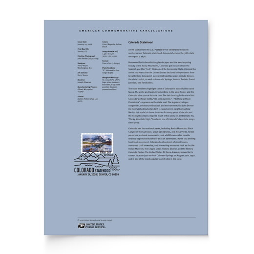 Colorado Statehood American Commemorative Cancellation Page