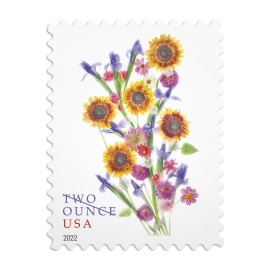 Postage stamps with flowers and cute fruits elements in trendy flat style.  Variety of modern vector post stamp Stock Vector