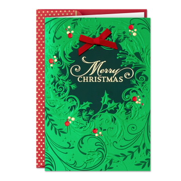 Green Foil Wreath Red Bow Boxed Holiday Cards