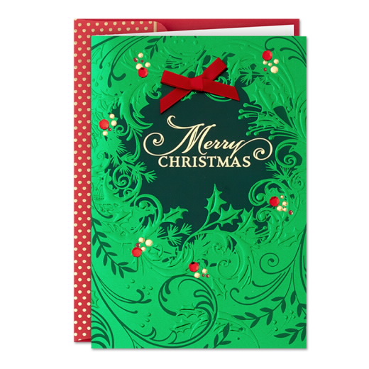 Green Foil Wreath Red Bow Boxed Holiday Cards