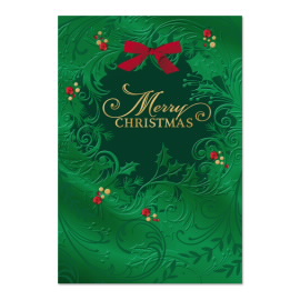 Green Foil Wreath Red Bow Greeting Cards