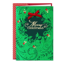 Green Foil Wreath Red Bow Greeting Cards