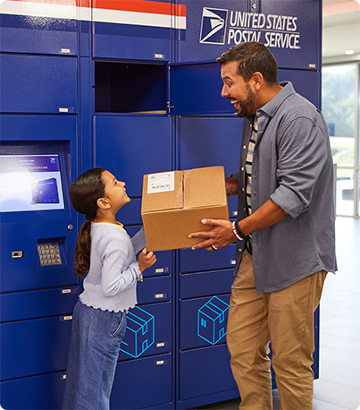 Two people retrieving a package from a smart locker.