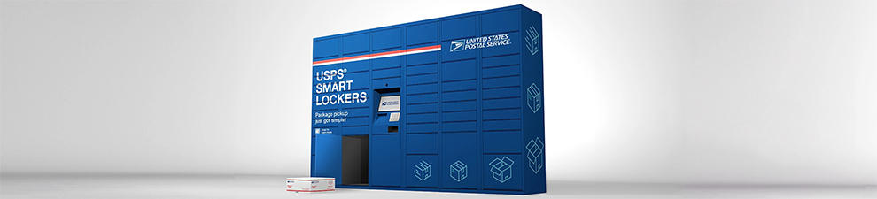USPS Smart Locker with 55 package compartments; a screen, scanner, and keypad; and an open compartment with a USPS Priority Mail package in front of it.