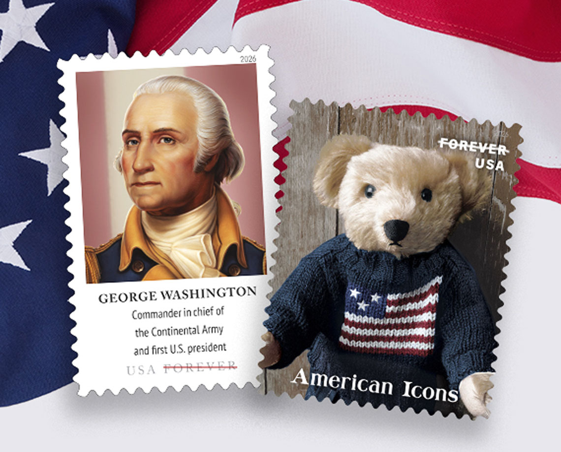 George Washington stamp and teddy bear in American flag sweater stamp on an American flag background.