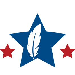 A blue star with a feather quill illustration flanked by two smaller red stars.