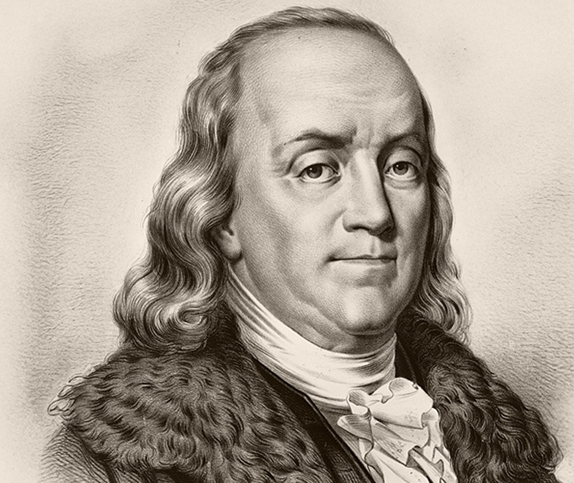 A black-and-white pencil drawing of Benjamin Franklin wearing a cravat. 