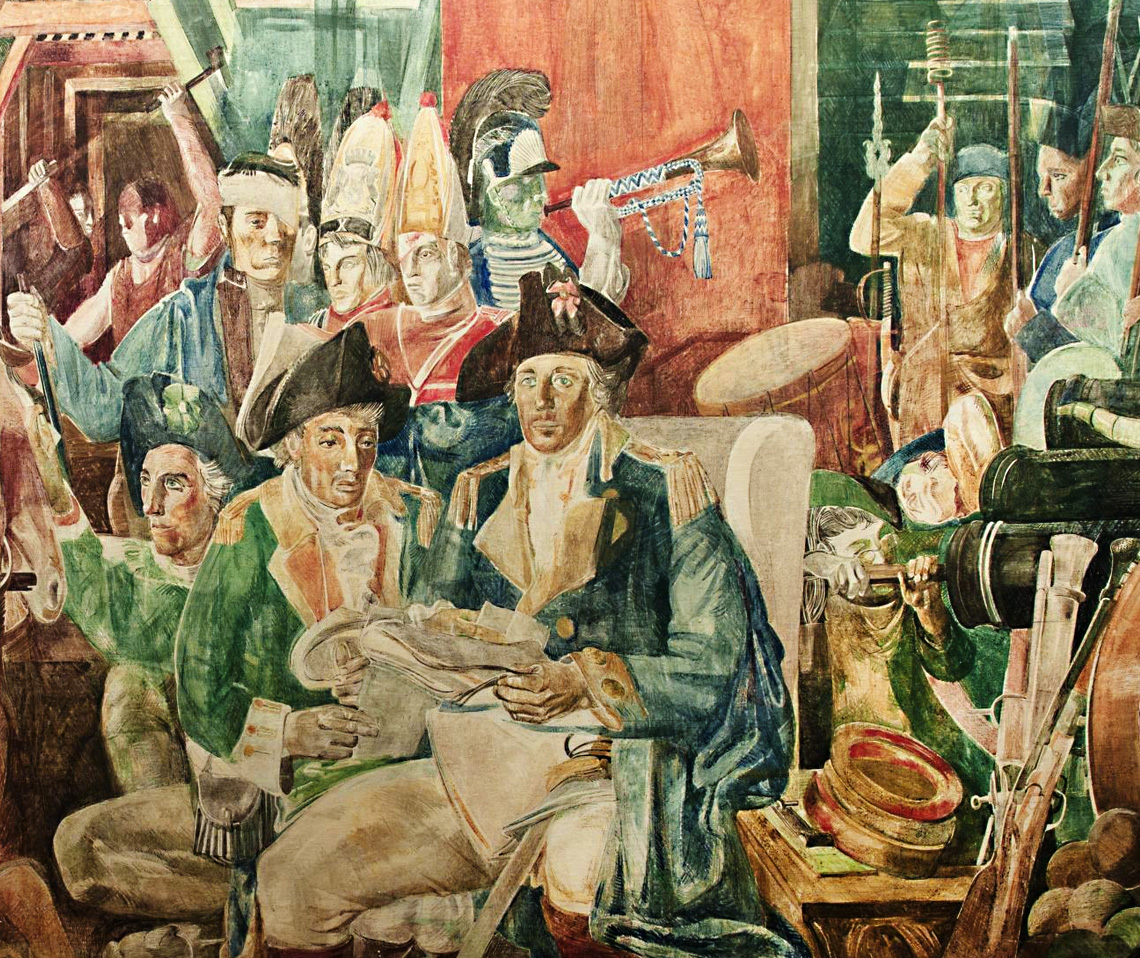 A painting of men in revolutionary-era clothing with cannons and other weapons.