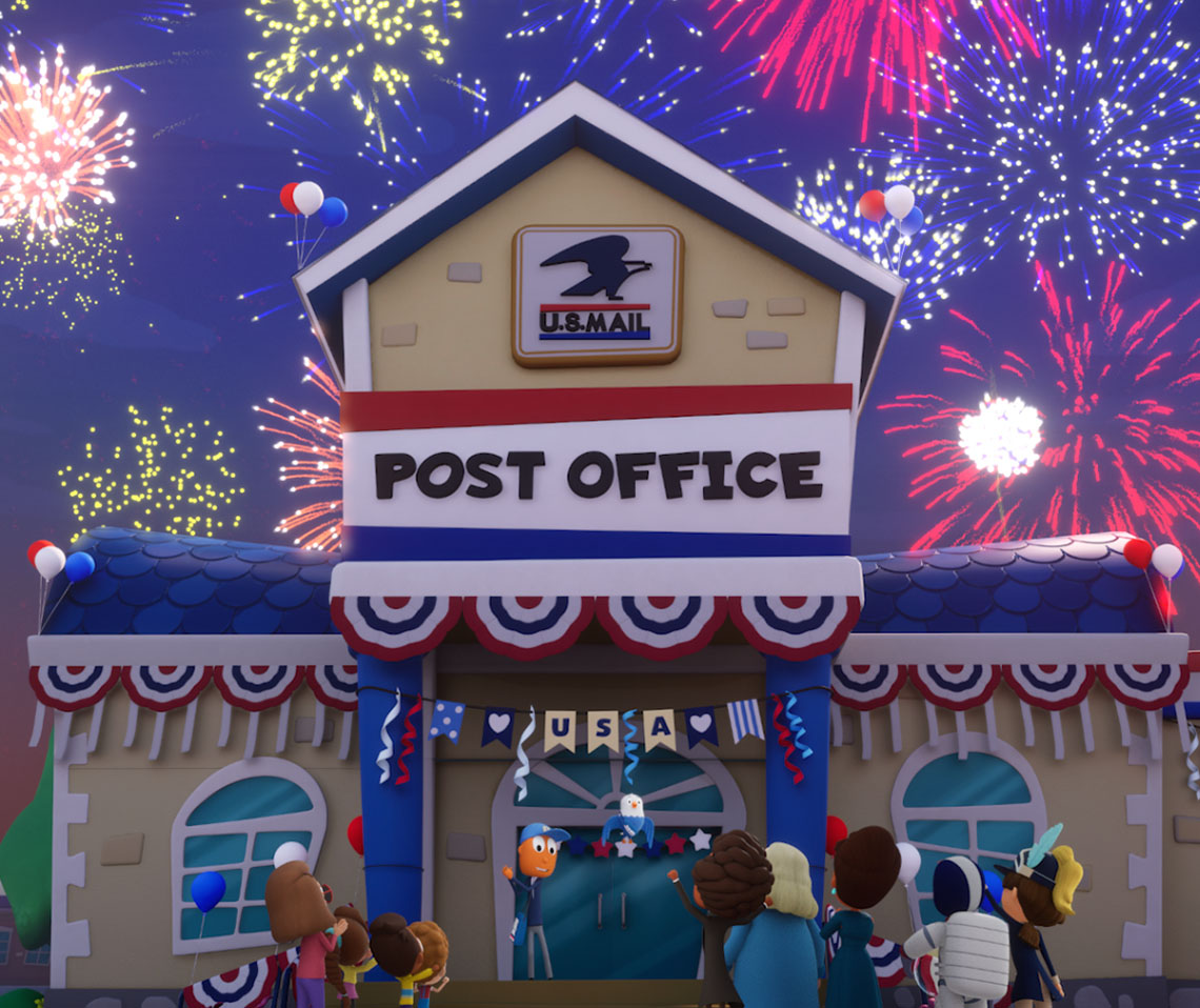 Illustration of a Post Office dressed in red, white, and blue bunting with Mr. ZIP welcoming a crowd and fireworks in the sky above.