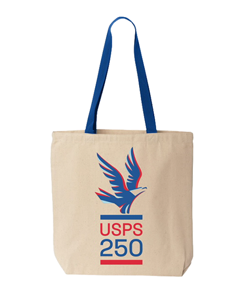 A USPS 250th Anniversary Logo Stacked Tote Bag.