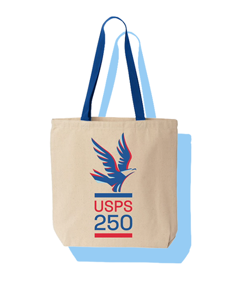 A USPS 250th Anniversary Logo Stacked Tote Bag.