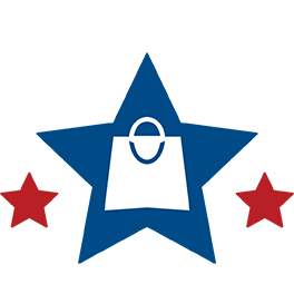 A blue star with a shopping bag illustration flanked by two smaller red stars.