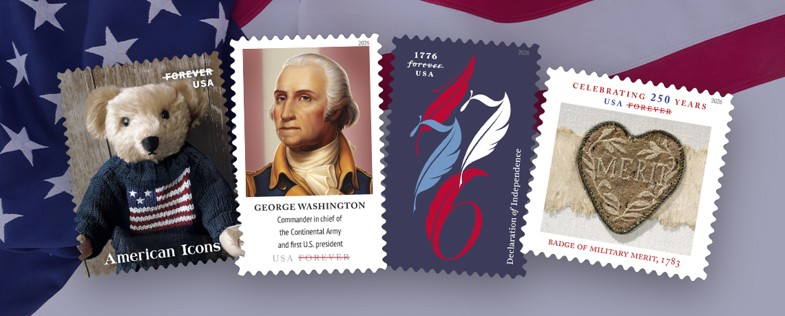 A teddy bear in American flag sweater stamp, George Washington stamp, Declaration of Independence stamp, and a badge of military merit stamp on an American flag background.